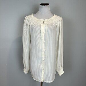 Vtg Chessa Davis White Peasant Blouse Shirred Neckline Button Down Medium